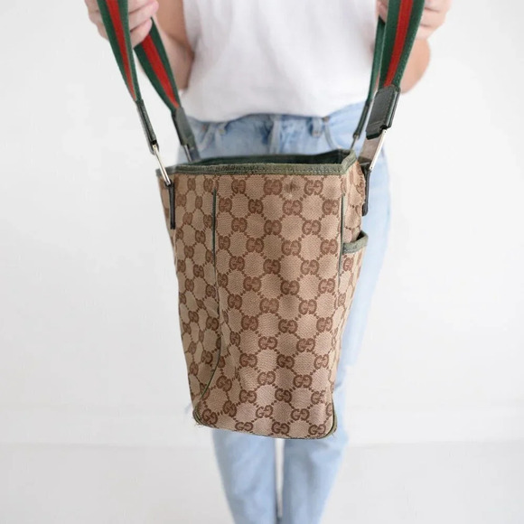 GUCCI Beige & Green GG Sherry Canvas Web Handle Tote Purse Bag - Picture 5 of 17